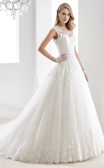 Illusion A-Line Wedding Gown with Appliques and Brush Train Cap Sleeve