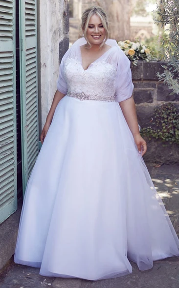 Jeweled Tulle Plus Size Wedding Dress A-Line Style with V-Neck