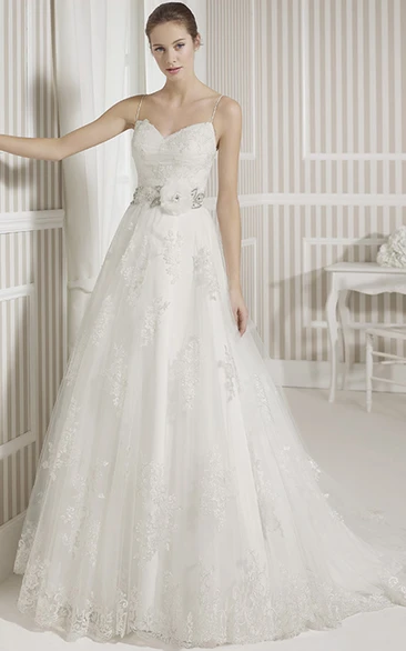 Appliqued Lace Spaghetti Strap Wedding Dress with Court Train Romantic Bridal Gown