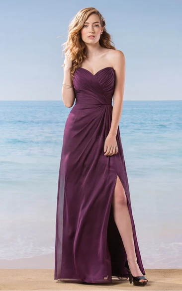 Ruched A-Line Bridesmaid Dress with Front Slit Sweetheart Floor-Length Sleeveless