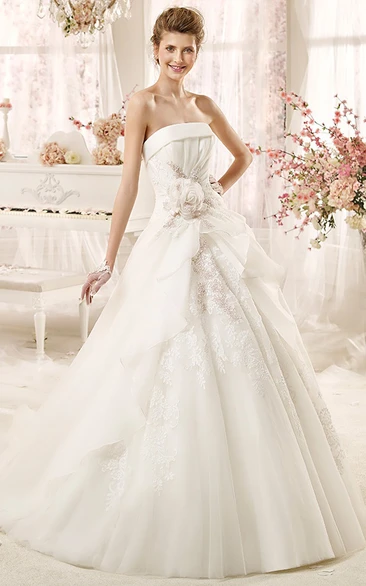 A-line Wedding Dress with Pleated Bodice & Floral Accents Elegant Bridal Gown