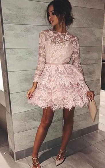 Lace High Neck A-line Mini Prom Dress with Tiers and Ribbon