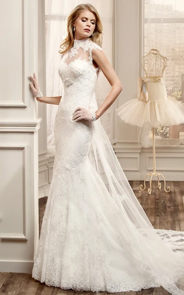 Beaded Bust High-Neck Sheath Lace Wedding Dress with Court Train Modern Wedding Gown