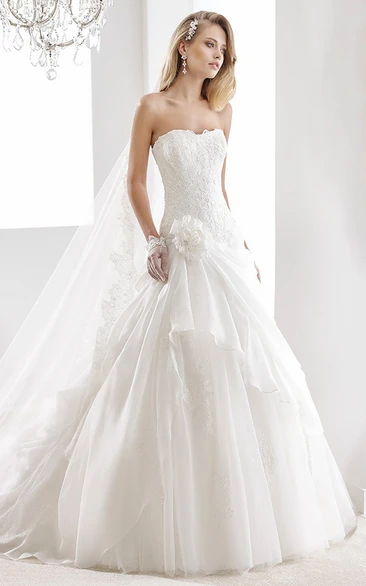 Strapless Lace A-Line Wedding Dress with Floral Decorations and Side Ruffles