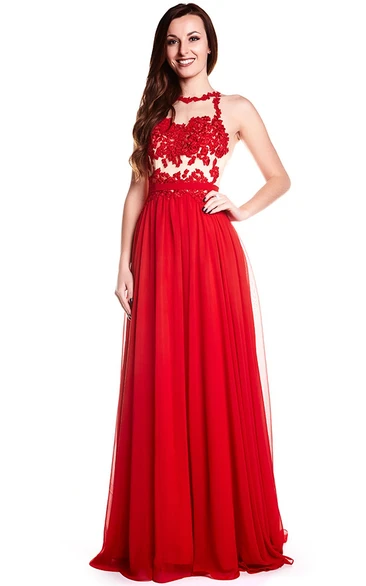 Sleeveless High Neck Appliqued Chiffon Prom Dress with Illusion Back Elegant Prom Dress 2024