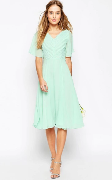 Poet Sleeve V-Neck Chiffon Bridesmaid Dress With Lace Knee-Length Ruched