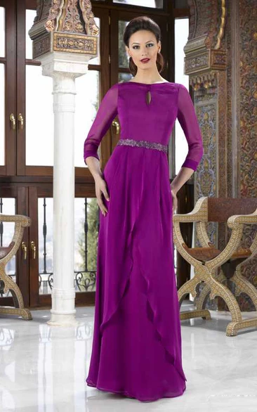 Draped Chiffon Jewel Neck Mother Of The Bride Dress with Jewels and Long Sleeves