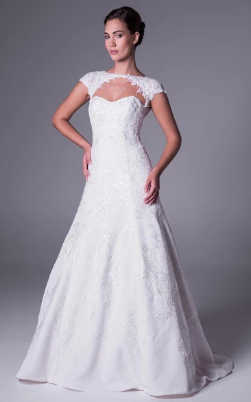 High Neck Cap-Sleeve Lace A-Line Wedding Dress with Illusion Elegant