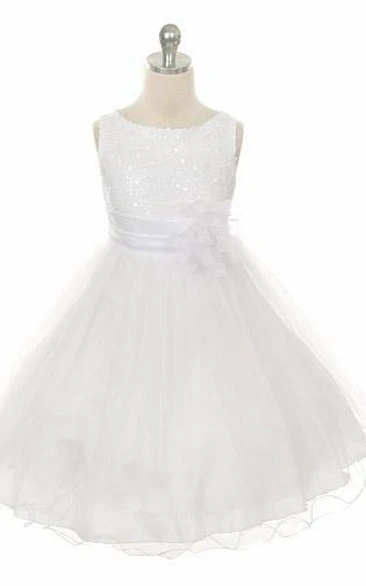 Floral Sequins&Satin Flower Girl Dress Tea-Length with Sash