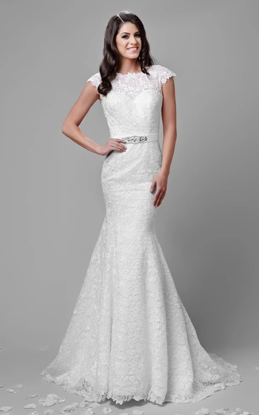 Cap Sleeve Mermaid Lace Wedding Dress with Deep V-Back Modern Bridal Gown