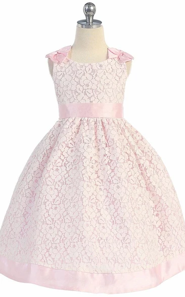 Floral Lace Tea-Length Flower Girl Dress with Sash Elegant Wedding Dress