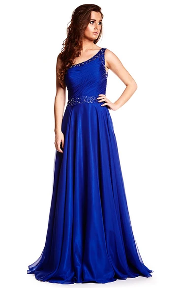 Ruched A-Line Prom Dress with Beading Sleeveless One-Shoulder Floor-Length Straps