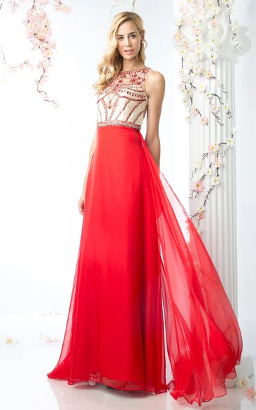 Chiffon Illusion A-Line Formal Dress with Beading Jewel-Neck Sleeveless