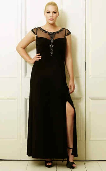 Plus Size Prom Dress Ankle-Length Chiffon Beaded Split Front Scoop-Neck Short-Sleeve