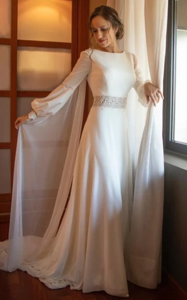 Romantic Chiffon Wedding Dress with Poet Sleeves A-Line Bateau
