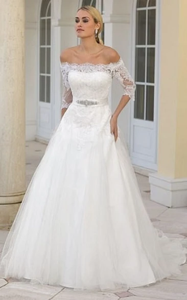 Off-Shoulder A-Line Tulle Wedding Dress with Jeweled Lace and Court Train