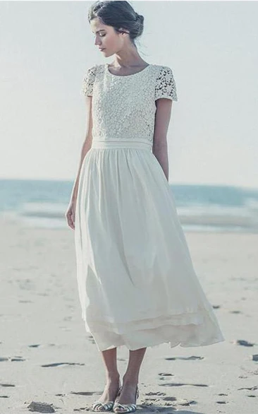 White Lace A-Line Tea Length Wedding Dress with Cap Sleeves