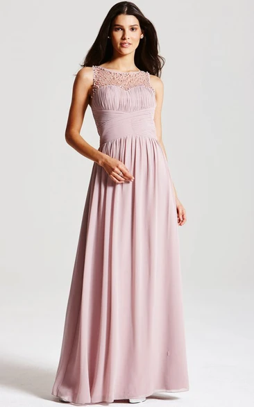 Bateau Neck Chiffon Bridesmaid Dress with Beading and Straps