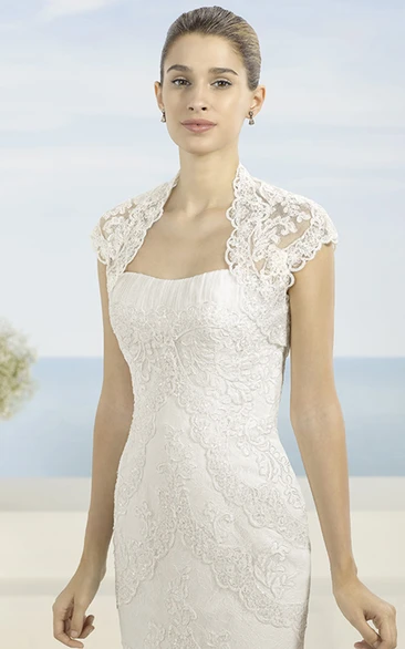 Lace&Organza Wedding Dress with Cascading-Ruffle and Appliques + Sheath + Cap Sleeves