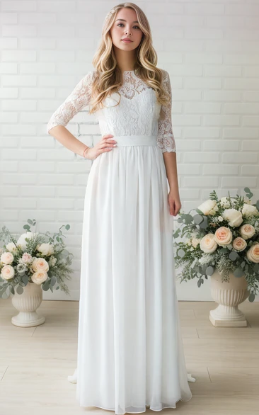 Modest Elegant Boho Lace Maxi Sheath Wedding Dress Vintage Floral Closed Back Sashed Chiffon Bridal Gown with 3/4 Sleeves and Boat Neckline