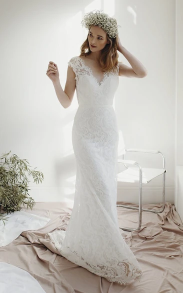 Lace Sheath Deep V-neck Wedding Dress with Cap Sleeves and Court Train