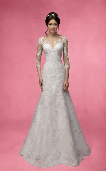 Illusion Lace Mermaid Prom Dress with Appliques and 3/4 Sleeves