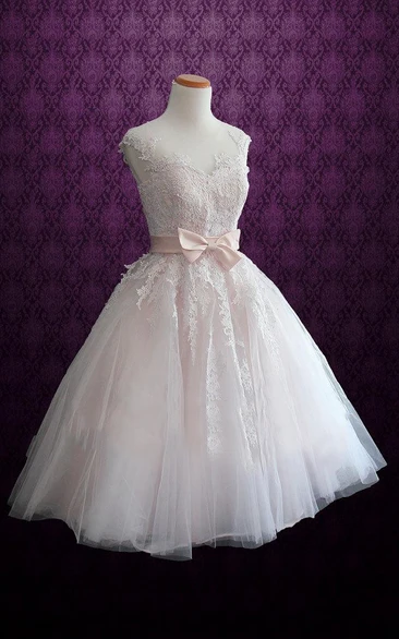 Tea-Length Satin and Lace Wedding Dress with Tulle Skirt and Sleeves