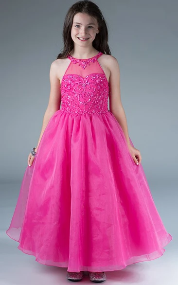 Organza Long Flower Girl Dress with High Neck and Sequined Top