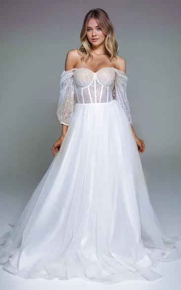 Elegant Solid Long Sleeve A-Line Lace Tulle Off-the-shoulder Strapless Wedding Dress Sexy Unique Floor-length Bridal Gown with Train Lace-up Back