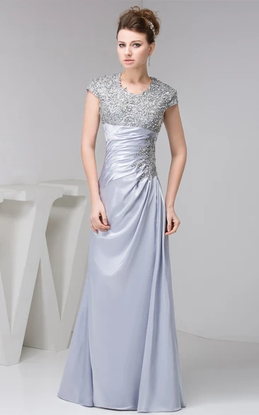 Jeweled Sheath Dress with Ruched Cap Sleeves