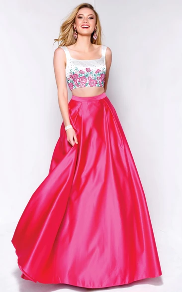 Satin Applique Flower A-Line Sleeveless Formal Dress