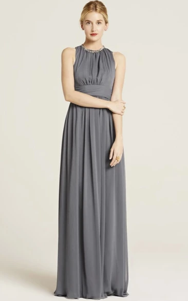 Beaded High Neck Chiffon Bridesmaid Dress with Bow Floor-Length