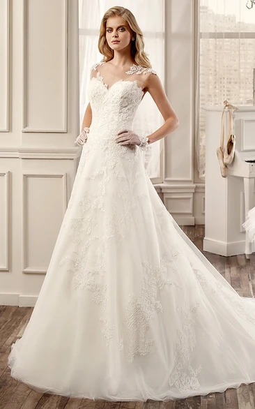 Illusive Back V-Neck A-Line Wedding Dress with Brush Train