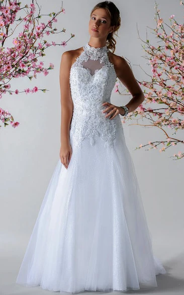 Halter Bridal Gown with Appliqued Top and Tulle Skirt Wedding Dress
