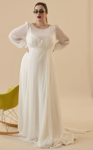 Romantic Chiffon Long Sleeve Wedding Dress with Floor-length and Button Detail