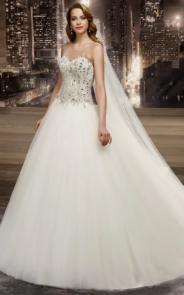 Beaded Illusion Cap-Sleeve A-Line Wedding Dress