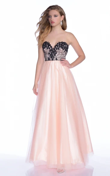 Tulle A-Line Sweetheart Formal Dress with Open Back and Rhinestones