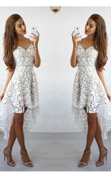 High-low Lace A-line Homecoming Dress with Spaghetti Straps and Ruffles