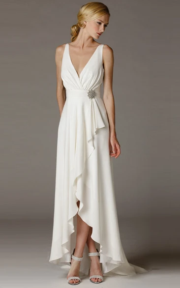 Chiffon V-Neck Wedding Dress with Ruched Draping and Brush Train