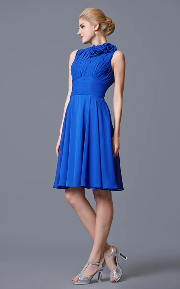 High Neck Empire Chiffon Short Dress with Bandage Modest Bridesmaid Dress