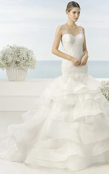 Lace&Organza Wedding Dress with Tiered Skirt and Appliques + A-Line + V-Neck