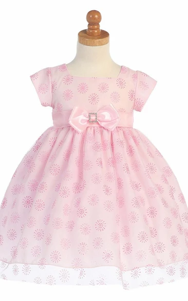 Cap-Sleeve Empire Tulle & Satin Flower Girl Dress Tea-Length with Bow