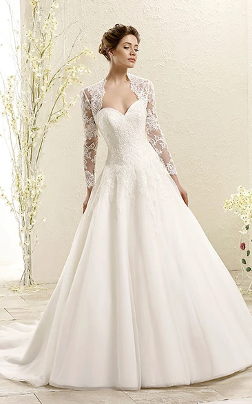 Lace Wedding Dress with Illusion Ball Gown Long-Sleeve Dress