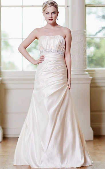 Jeweled Satin Wedding Dress with Draping and Corset Back Strapless Maxi Style