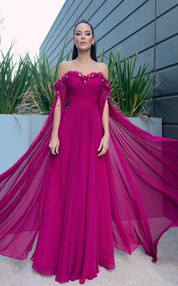 Chiffon Off-Shoulder Romantic Beach Prom Dress with Flowers and Open Back Women 2024 Elegant