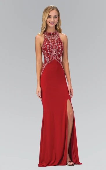 Jersey Sheath Straps Formal Dress with Split Front and Beading