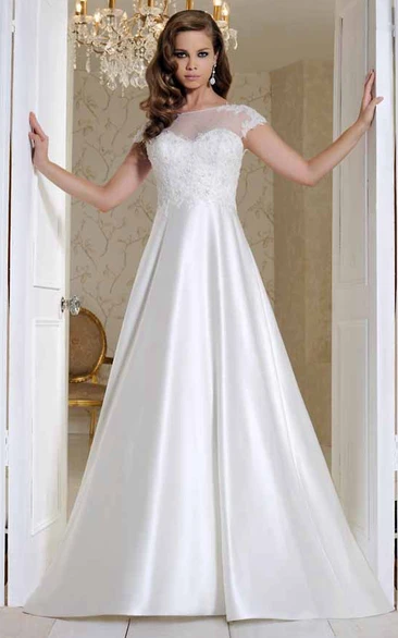 Short-Sleeve Satin Wedding Dress with Court Train and Illusion Modern Bridal Gown