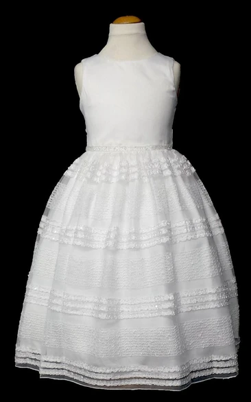 Tiered Sequin & Satin Flower Girl Dress with Embroidery Tea-Length Dress with Sash