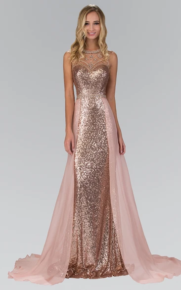 Sequin Sleeveless Sheath Formal Dress with Jewel-Neck and Watteau Train