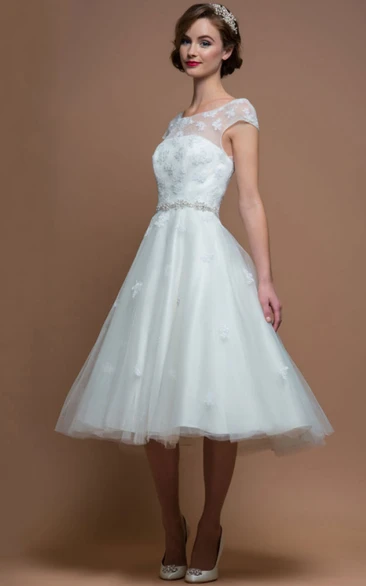 Jeweled Cap-Sleeve Tea-Length Tulle Wedding Dress A-Line